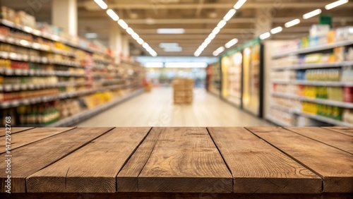 Wooden board, empty table in front of blurred background super market.