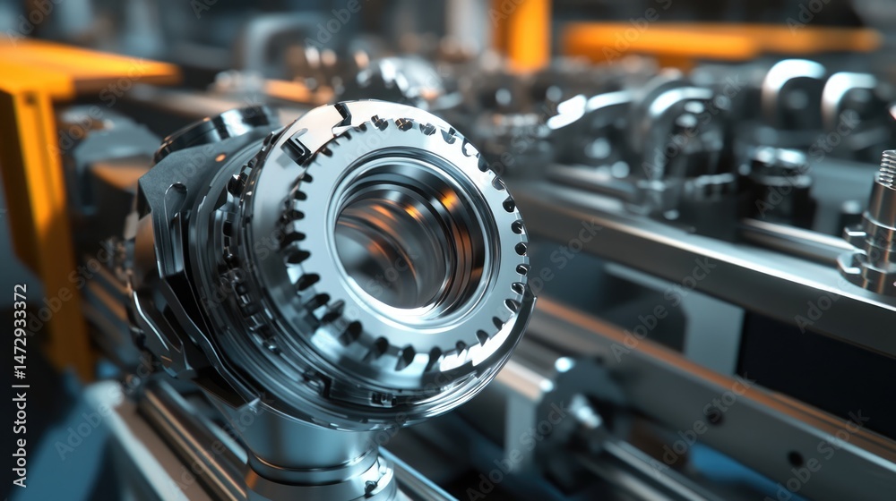 Fototapeta premium Close-up of metallic industrial gear mechanism, detailed engineering, intricate design, precision machinery, 3D rendering