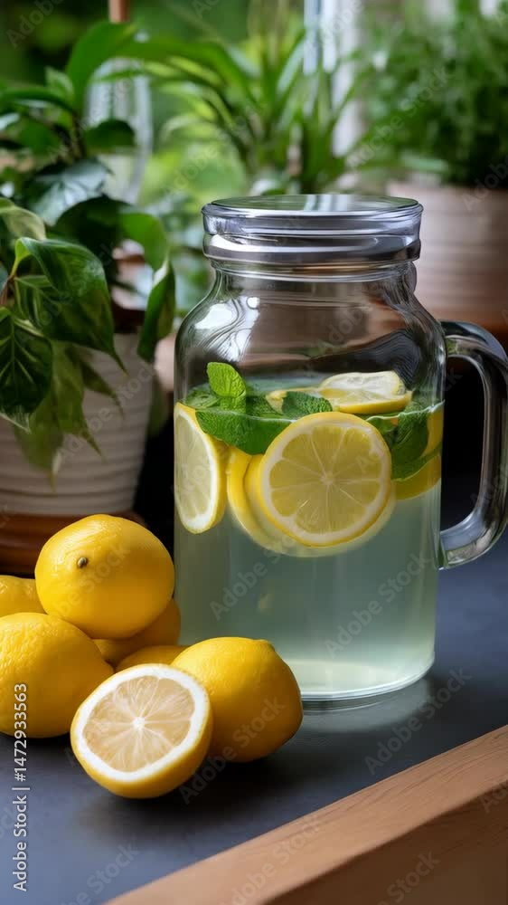 Refreshing lemonade beverage in a glass pitcher with lemon slices and mint leaves on table with lemons and potted plants behind. Refreshing lemonade beverage in a glass pitcher with lemon slices and mint leaves on table with lemons and potted plants behind.