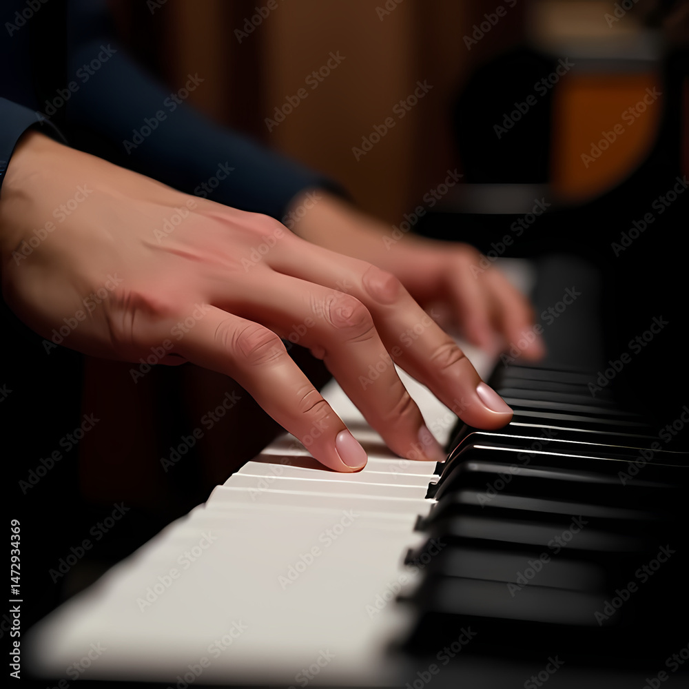 Fototapeta premium Fingers Gliding Over Piano Keys in Detail Shot
