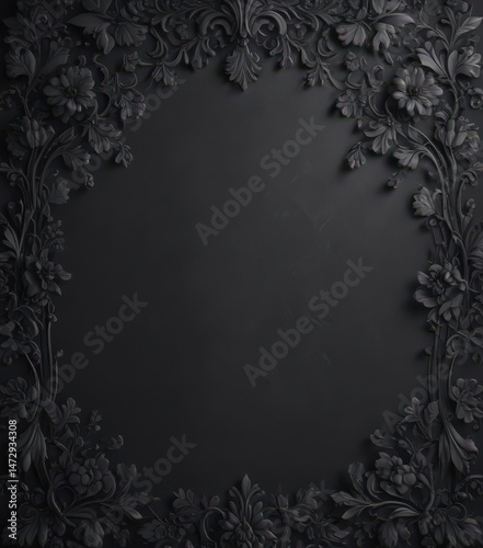 Dark gray background with black damask, intricate floral and foliage , motif, gothic, home decor