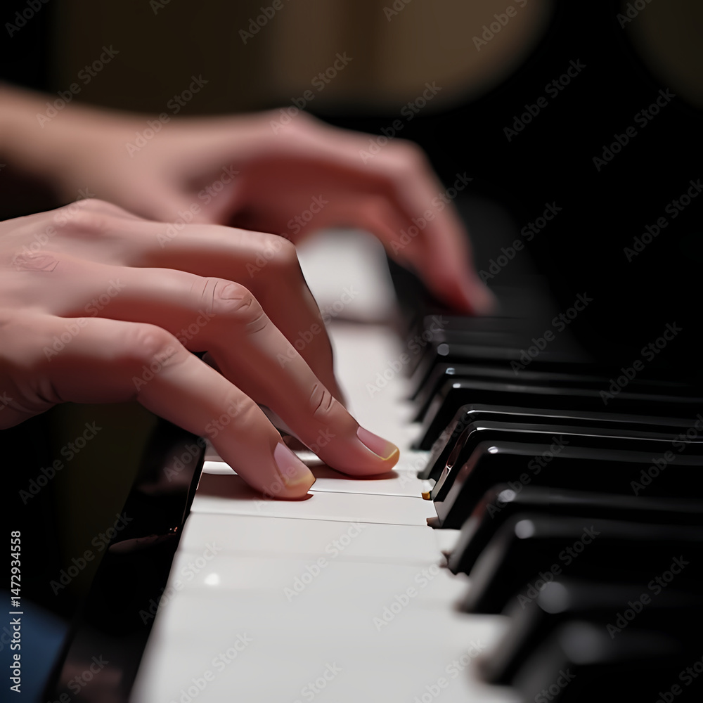 Fototapeta premium Fingers Gliding Over Piano Keys in Detail Shot
