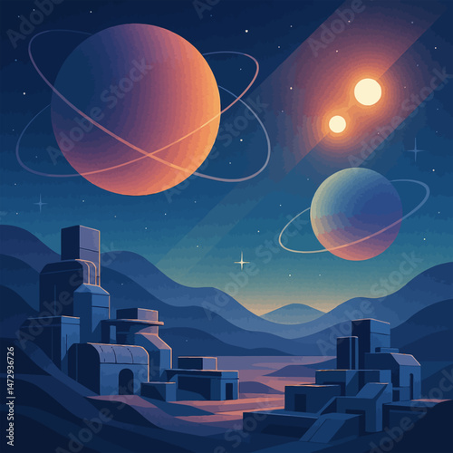 Stylized space colony on an alien planet landscape featuring large ringed planets and stars in the sky. Represents outer space exploration and extraterrestrial habitat