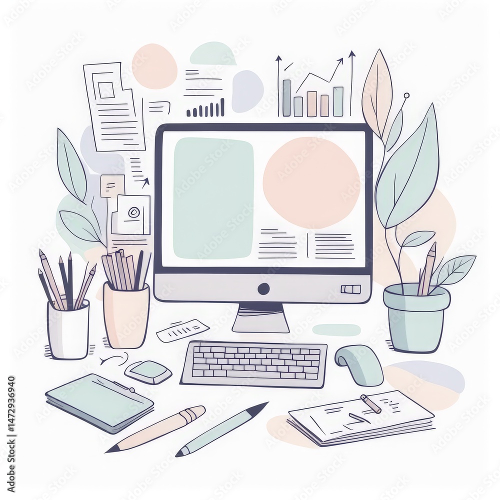 vector illustration of workspace, computer, office desk vector illustration of workspace, computer, office desk