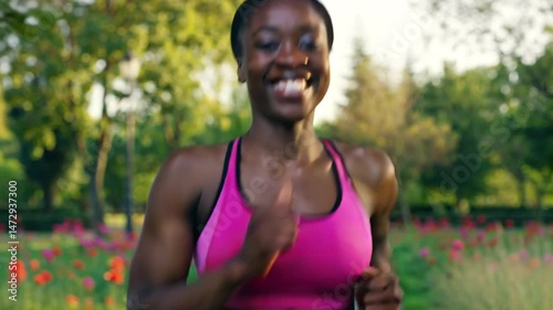 young african american woman jogging in the morning in a summer park