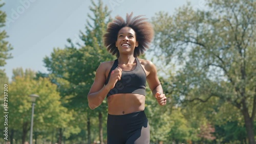 young african american woman jogging in the morning in a summer park