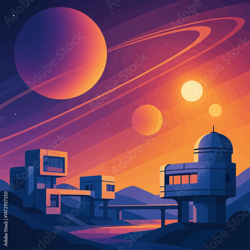 Stylized space colony on an alien planet landscape featuring large ringed planets and stars in the sky. Represents outer space exploration and extraterrestrial habitat