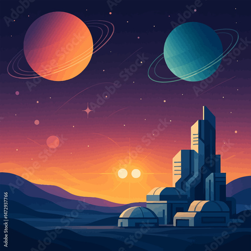 Stylized space colony on an alien planet landscape featuring large ringed planets and stars in the sky. Represents outer space exploration and extraterrestrial habitat