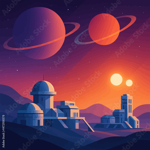 Stylized space colony on an alien planet landscape featuring large ringed planets and stars in the sky. Represents outer space exploration and extraterrestrial habitat