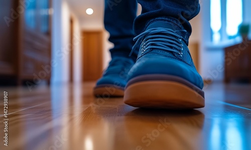 Person Walking on a Wooden Floor, Close-Up Shot of Blue Boots