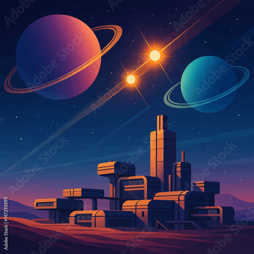 Stylized space colony on an alien planet landscape featuring large ringed planets and stars in the sky. Represents outer space exploration and extraterrestrial habitat