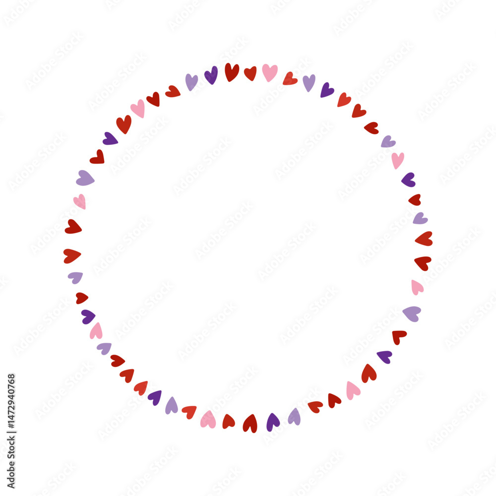 Fototapeta premium Round frame of small hearts. Colored silhouette. Front view. Vector simple flat graphic hand drawn illustration. Isolated object on white background. Isolate.