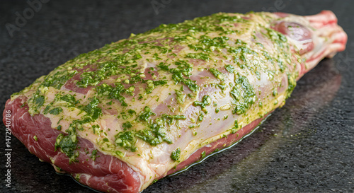 Fresh Leg Of Lamb Shoulder Marinated With Herbs Ready For Roasting