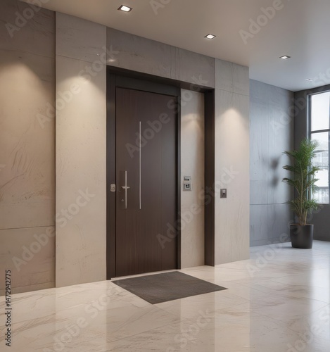 Contemporary lobby with integrated service bell and flush door , luxury, commercial