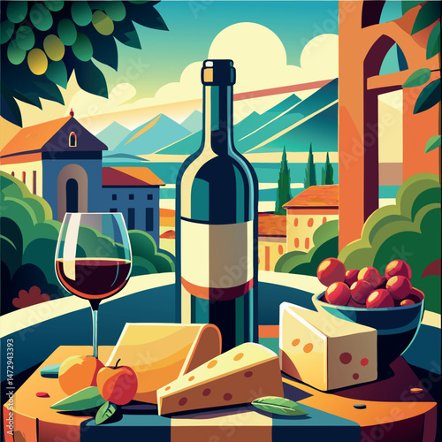 Elegant wine and cheese display in a vineyard setting during a sunny afternoon Generative AI