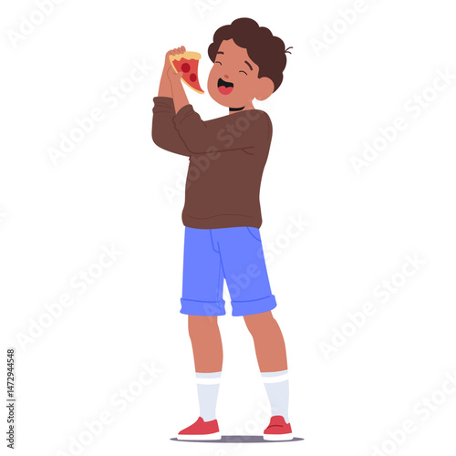 Cute boy child cartoon character showcasing taste sense eating delicious pizza isolated on white