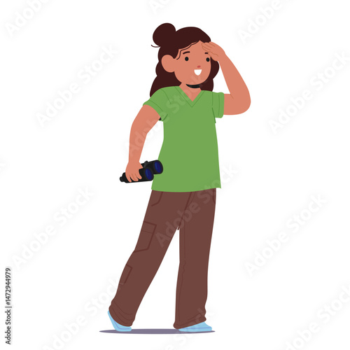 Little girl child cartoon character looking forward demonstrating sight human sense in act