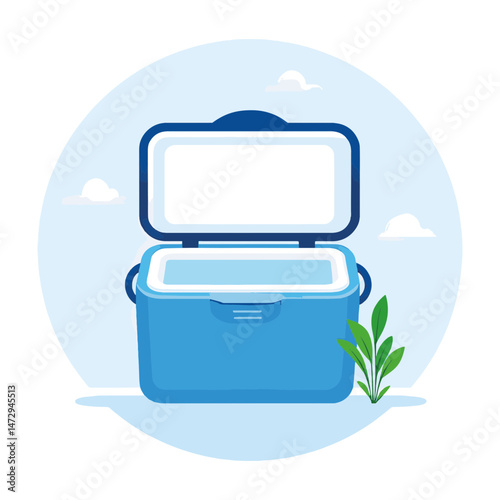 Illustration of an open blue cooler with empty space for text, surrounded by greenery and soft clouds in a light blue background, concept of outdoor activities and summer holiday essentials