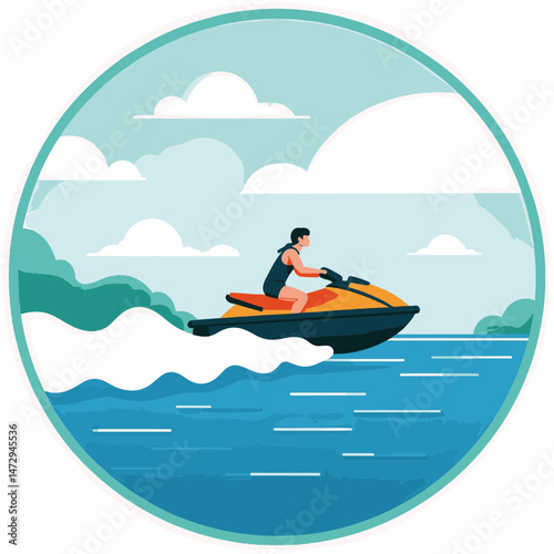 Man riding a jet ski against a scenic lake and cloud backdrop, enjoying summer leisure activities, concept of water sports or recreational services
