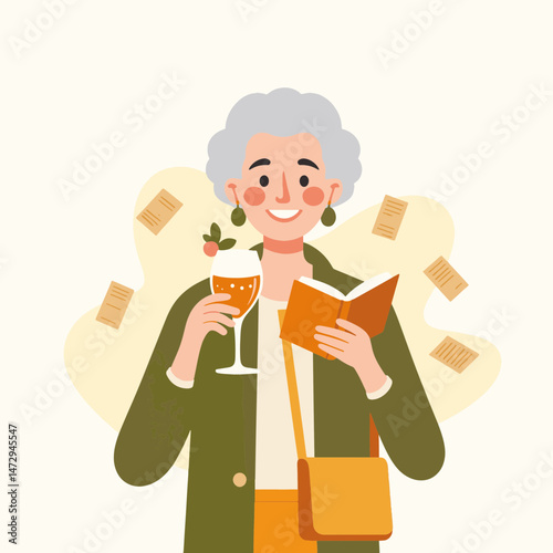 Smiling elderly woman enjoying a drink while reading a book, surrounded by papers and a light background, leisure concept of retirement activities or summer relaxation