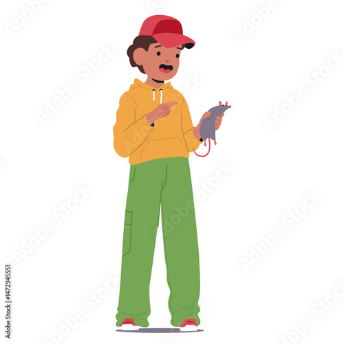 Little boy kid cartoon character showing touch human sense holding rat in hands isolated on white