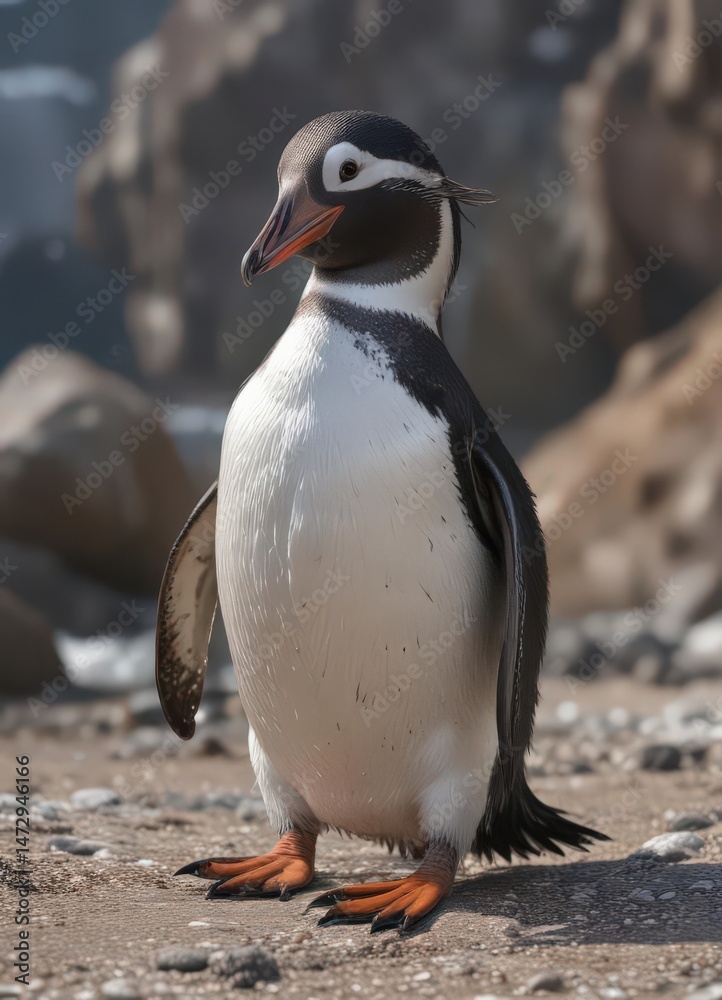Fototapeta premium Humboldt penguin preening feathers on rocky beach , aquatic bird, beach