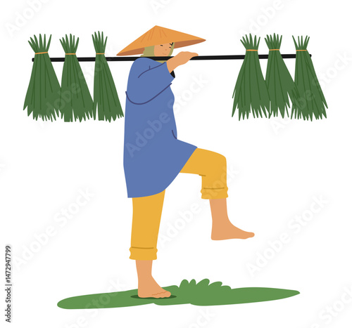 Asian farmer cartoon character stepping with fresh green plants harvest hanging on special handle