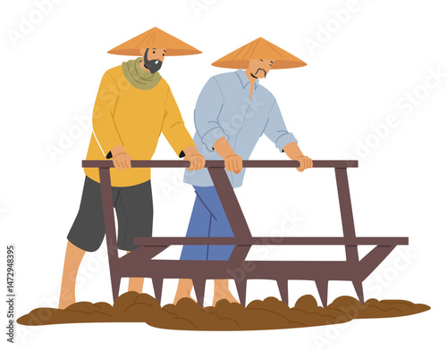 Asian farmers cartoon characters loosening and digging up ground of agricultural field scene
