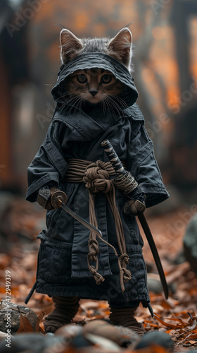 Cat warrior dressed as a ninja with sword in forest setting