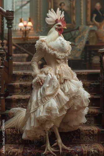 Elegant anthropomorphic hen in vintage Victorian dress on grand staircase