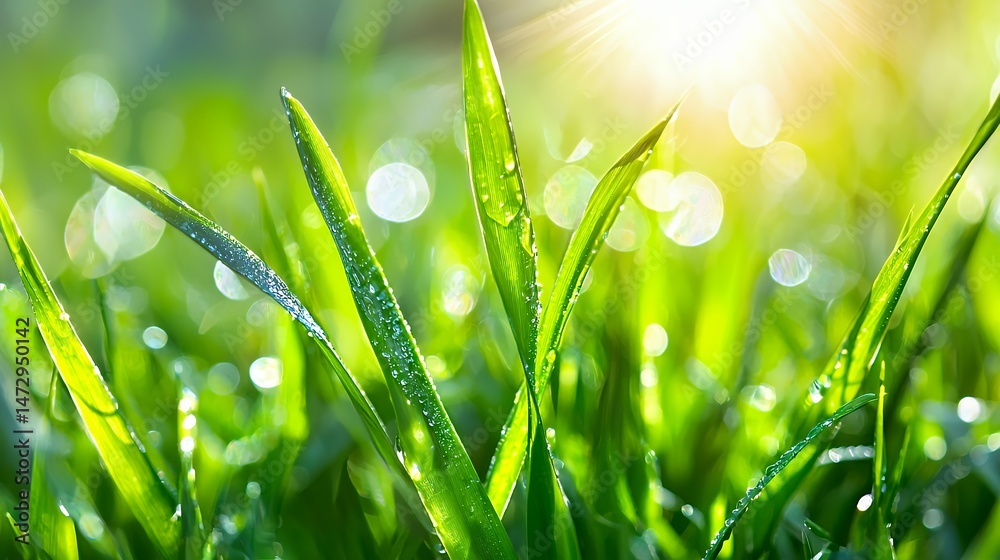 Fototapeta premium Lush Green Grass with Water Drops Under Sunlight