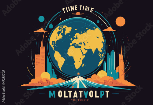 Futuristic illustration of world with motivational quote retro poster t shirt design, vector graphic, typographic poster or tshirts street wear and Urban sty