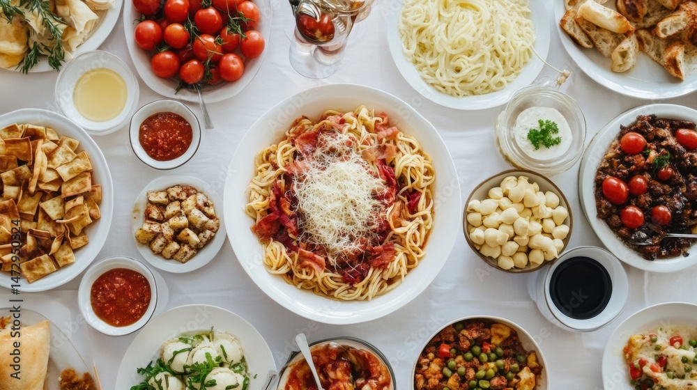 Overhead View of Generous Table Spread with Varied Food Dishes