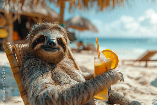 Cool sloth relaxing on tropical beach with sunglasses and cocktail