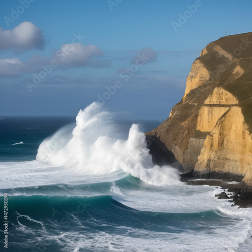 Huge waves hitting the cliff and exploding