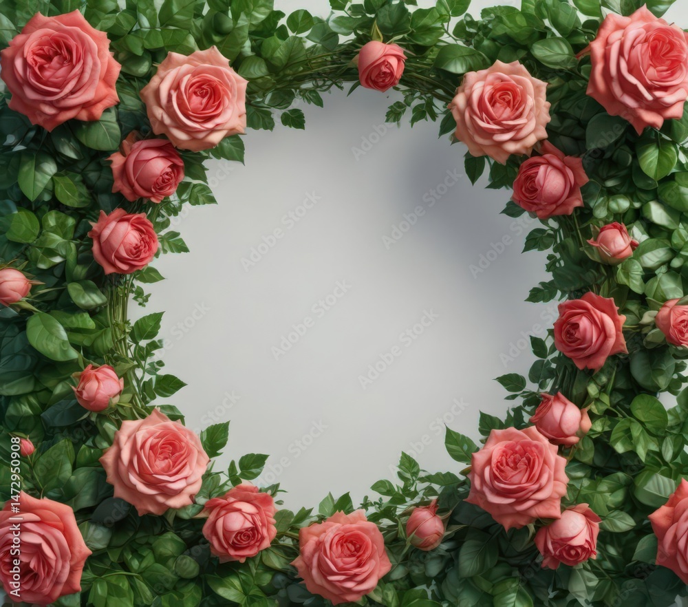Isolated rose with vibrant green leaves forming a decorative frame , vibrant, frame Isolated rose with vibrant green leaves forming a decorative frame , vibrant, frame