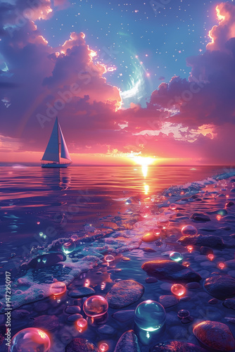 Fantasy sunset seascape with glowing orbs and sailboat