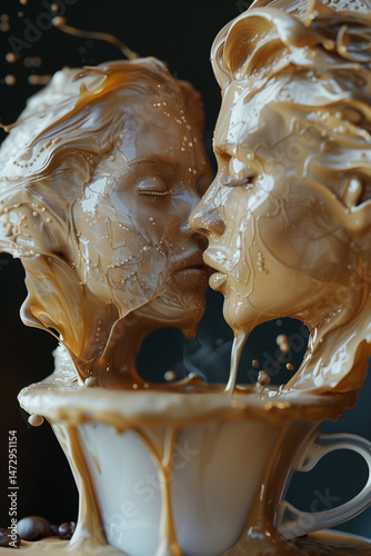 Surreal coffee splash forming romantic faces in a kiss