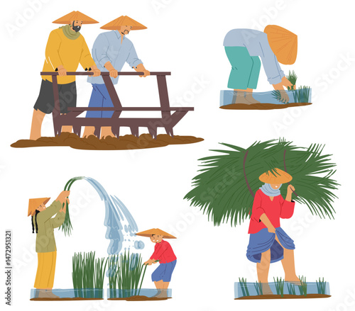 Asian farmers cartoon character growing rice on agricultural field step-by-step process set
