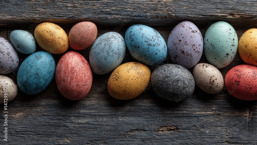 Obraz premium Pastel-colored eggs arranged on a rustic wooden surface. A festive spring or Easter scene.