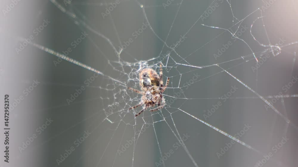 Close-up of a spider suspended in its web, captured with soft lighting and shallow depth of field