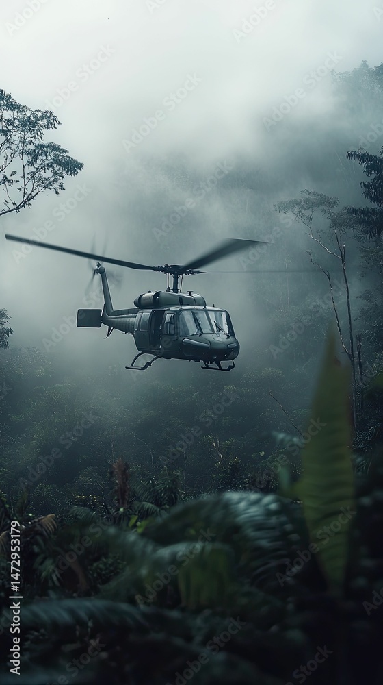 Fototapeta premium Helicopter flies through misty jungle canopy.