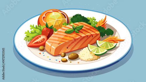 Freshly grilled salmon fillet served on a bed of fluffy quinoa and accompanied by a medley of steamed vegetables in a delicate, minimalist .