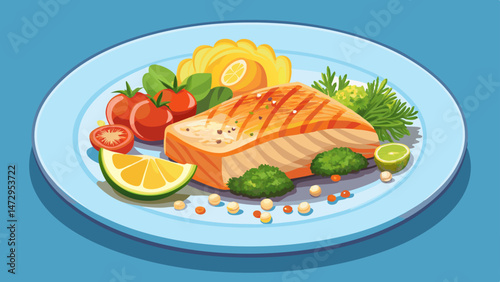 Freshly grilled salmon fillet served on a bed of fluffy quinoa and accompanied by a medley of steamed vegetables in a delicate, minimalist .