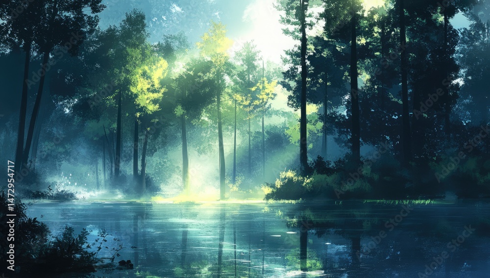 Obraz premium Sunlit forest edge, tranquil lake