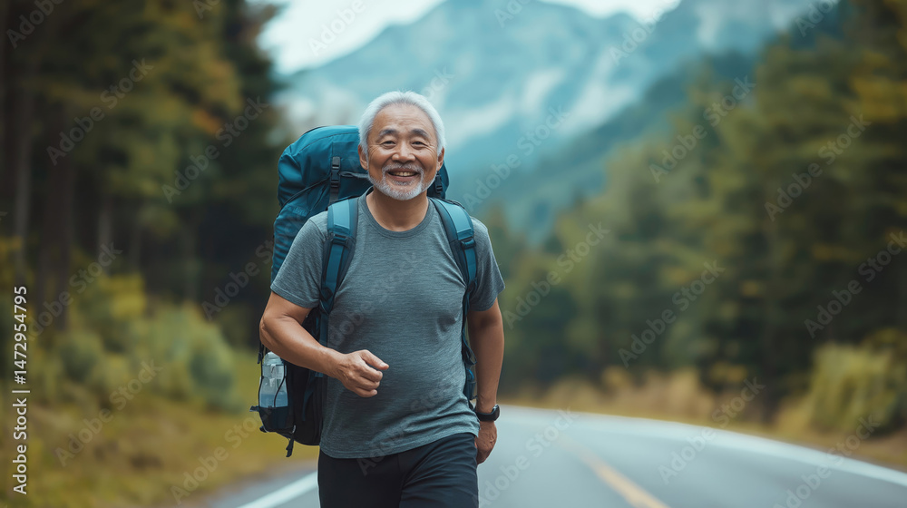 Fototapeta premium Smiling man hiking on forest road
