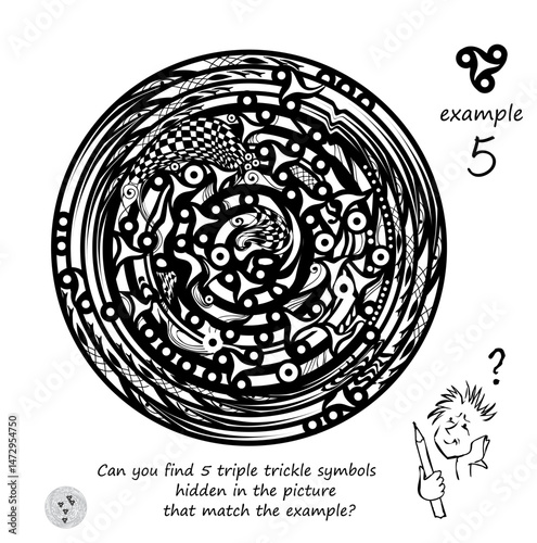 Logic puzzle game for children and adults. Can you find 5 triple trickle symbols hidden in the picture that match the example? Develop spatial thinking. Brain teaser book. Black and white vector.