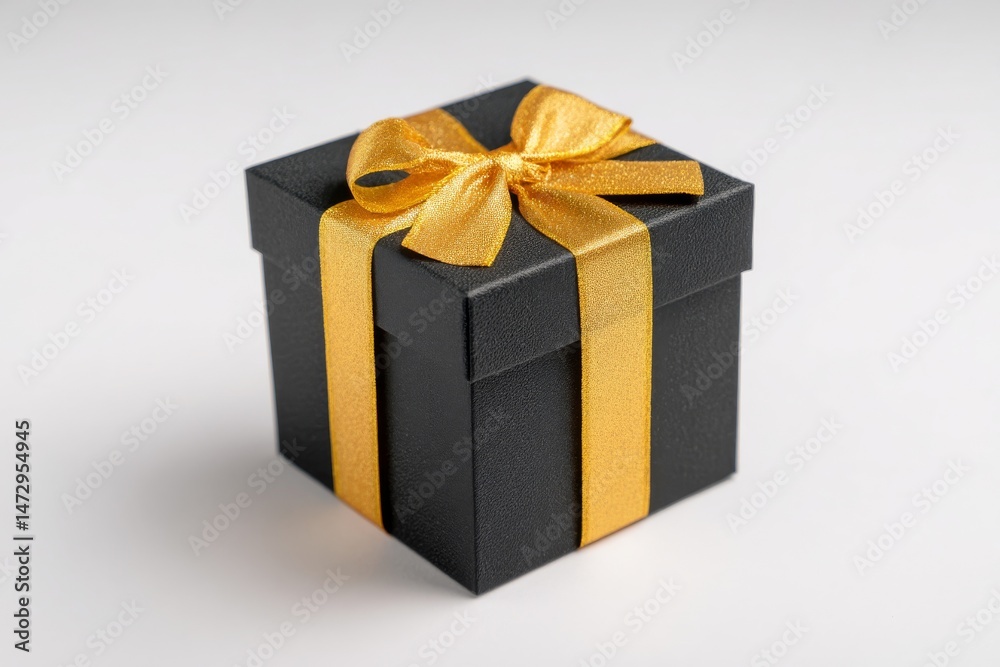 Obraz premium A beautifully wrapped black gift box with a gold ribbon and bow, ready for a special occasion.