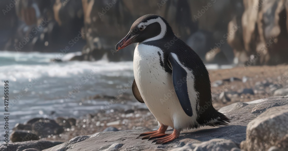 Obraz premium Humboldt penguin preening feathers on rocky shore, waddling, spheniscus humboldti, aquatic