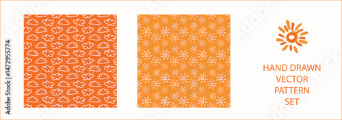 Vibrant fall cloud sunshine seamless nursery pattern set. Naive illustration of summer sky in hand drawn playful style for childrens nursery backdrops, wallpaper. 